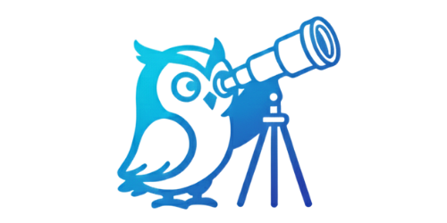 Scout the owl looking ahead through a telescope