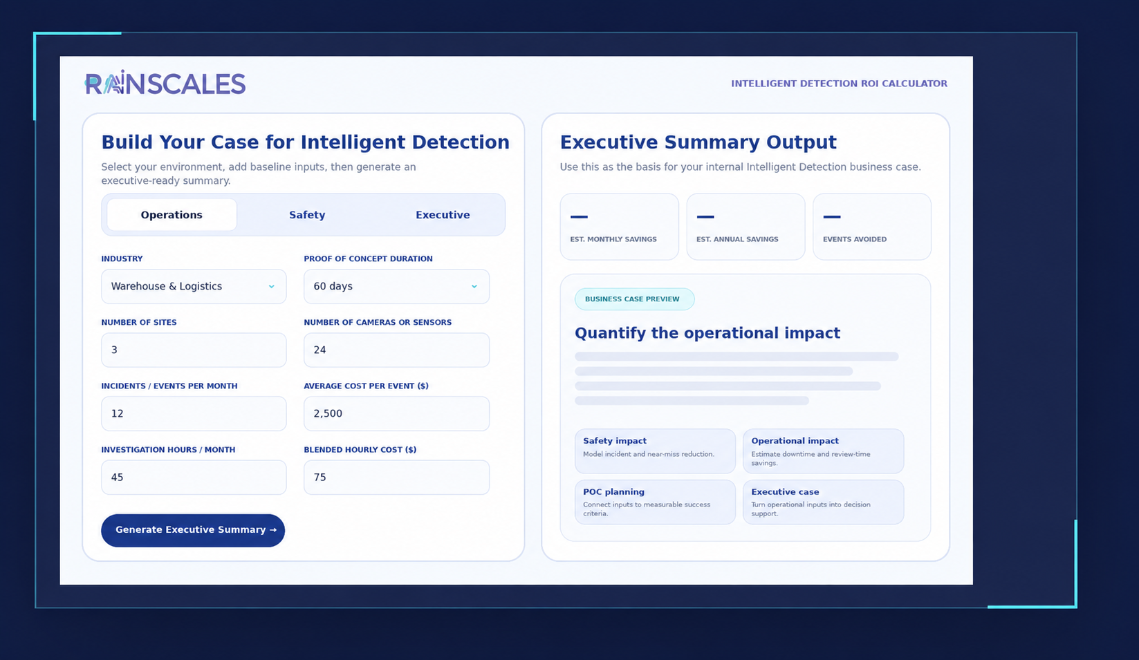 Rainscales Intelligent Detection ROI Calculator showing operating inputs and executive summary output.