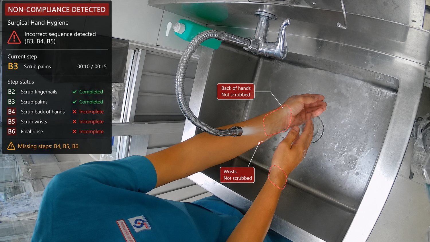 Surgical hand hygiene non-compliance detection