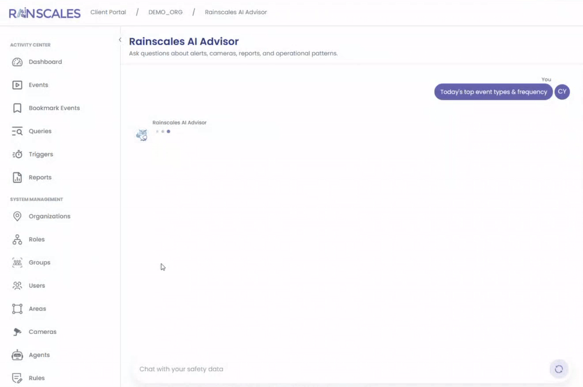 Rainscales AI Advisor showing operational questions, trends, and corrective-action recommendations